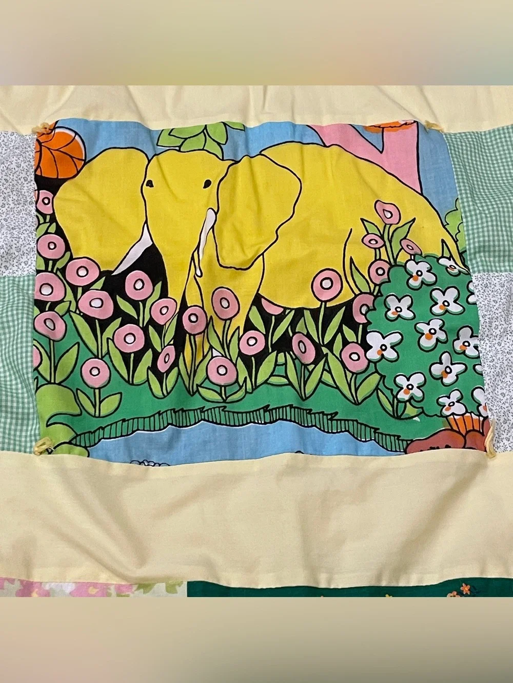 Handmade Baby Quilt Elephant Yellow Gingham Style Blanket 26